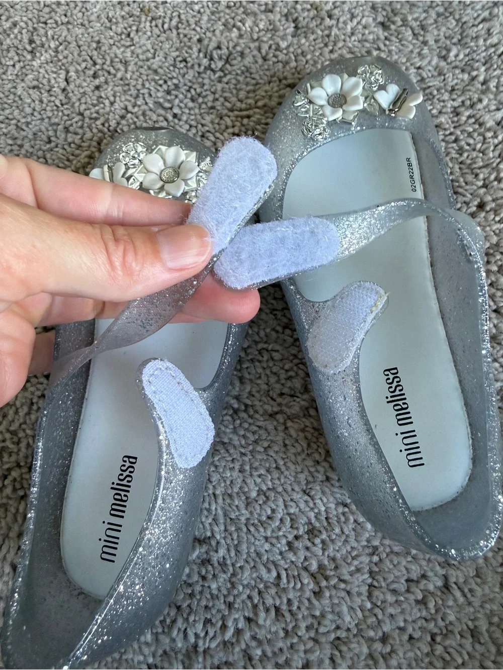 Mini Melissa Silver Glitter Mary Jane Shoes with Flower Accents